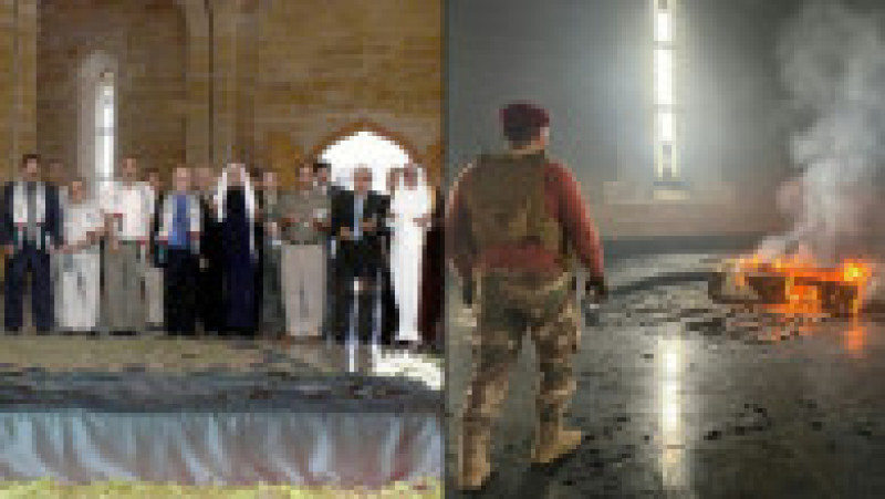 Imaginile filmate astăzi de agenția de presă AFP arată luptători rebeli în uniformă și tineri care privesc cum ard părți ale mormântului, inclusiv un sicriu. Foto: Profimedia | Poza 3 din 3