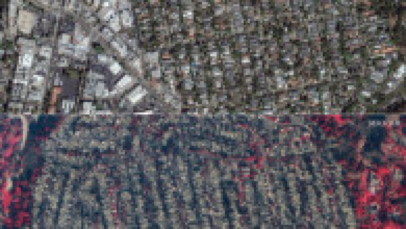 Casele din cartierul Pacific Palisades din Los Angeles, înainte (octombrie 2024) și după incendii. Foto: Profimedia/AFP/Maxar Technologies | Poza 3 din 18