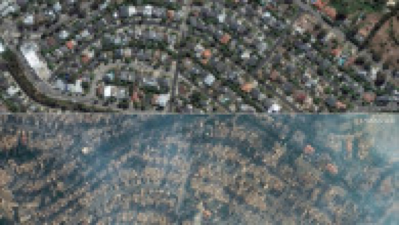 Casele din cartierul Pacific Palisades din Los Angeles, înainte (octombrie 2024) și după incendii. Foto: Profimedia/AFP/Maxar Technologies | Poza 4 din 18