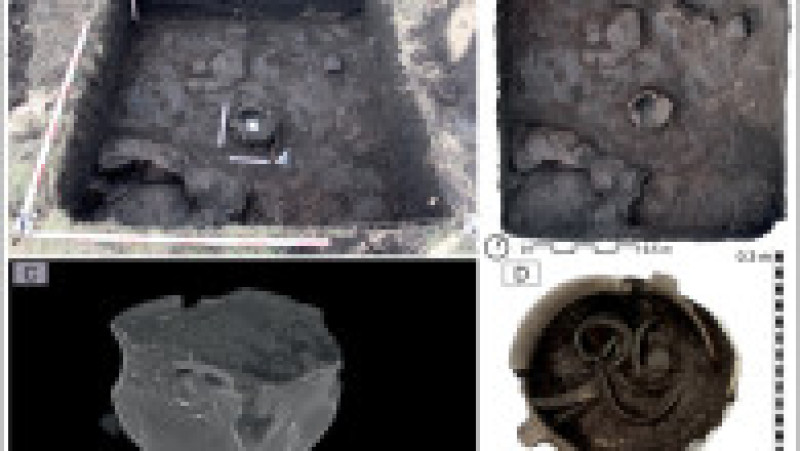 Investigația Tezaurului V: A) fotografie a sondajului din jurul comorii; B) reprezentare fotogrammetrică a tezaurului in situ; C) inspecție CT a ansamblului; D) fotografie a conținutului realizată în timpul săpăturii. Foto. Ilustrație realizată de autori via Cambridge University | Poza 2 din 3