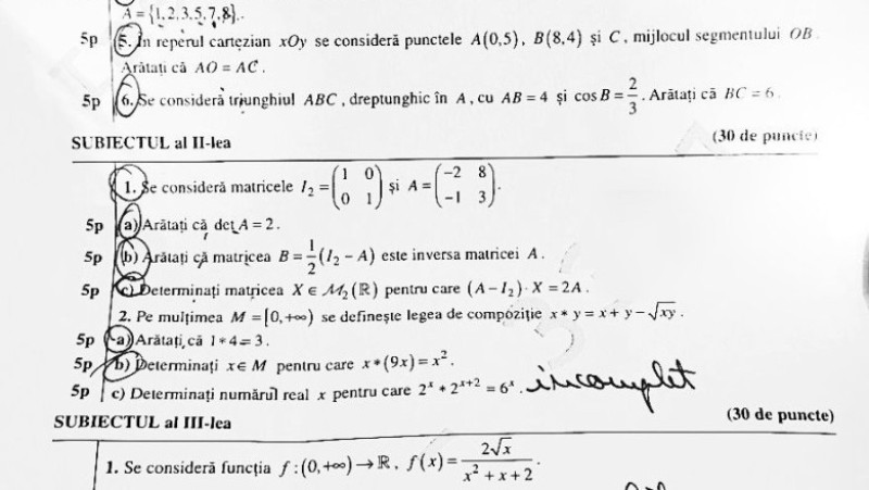 Subiecte Matematică la profilul real Științele naturii / Sursa foto: Edupedu