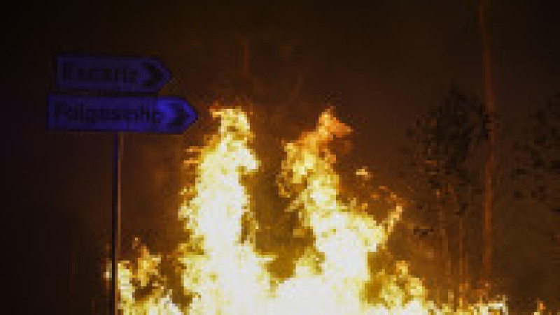Semne rutiere sunt fotografiate într-o zonă afectată de incendii forestiere în Arouca, nordul Portugaliei, pe 30 iulie 2025. Foto: Profimedia | Poza 9 din 9