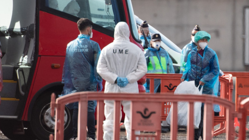 Pasagerii de pe MV Hondius, unde este un focar de hantavirus, sunt debarcați după ce nava a ancorat într-un port din Tenerife 2 Un pasager (dreapta) poartă un costum de protecție și o mască în timp ce urcă într-un autobuz militar, în timp ce pasagerii și echipajul sunt evacuați de pe nava de croazieră MV Hondius, sub pavilion olandez și afectată de un focar de hantavirus, în portul industrial Granadilla de Abona de pe insula Tenerife, din Insulele Canare, Spania, pe 10 mai, 2026. Foto: Profimedia