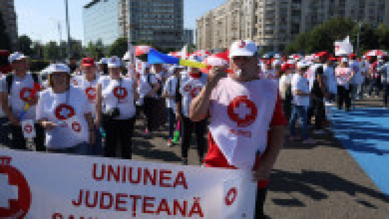 Sindicaliști ai Sanitas protestează în fața guvernului, București 3 iunie 2026. Foto: Inquam Photos / George Călin | Poza 9 din 9