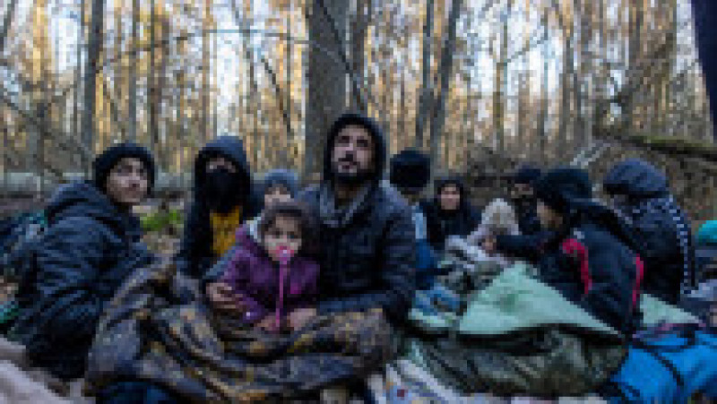 Membrii unei familii din Kurdistanul irakian stau într-o pădure la granița dintre Polonia și Belarus Foto: Profimedia Images | Poza 80 din 81
