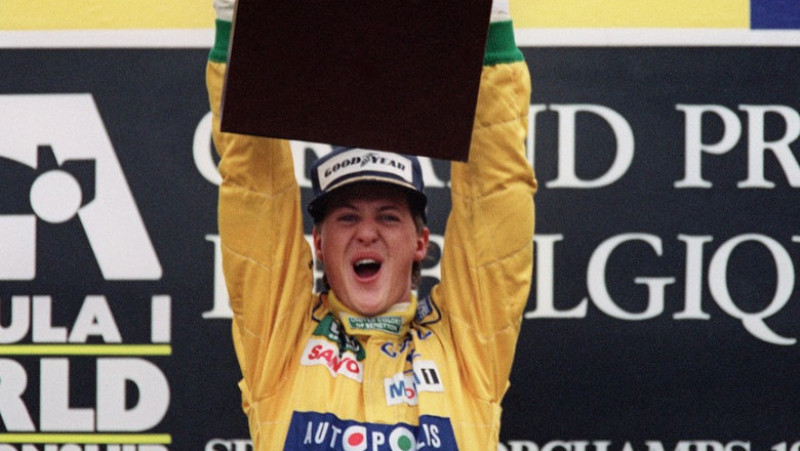 Michael Schumacher după ce a câștigat primul lui Grand Prix. Sursa foto: Profimedia Images