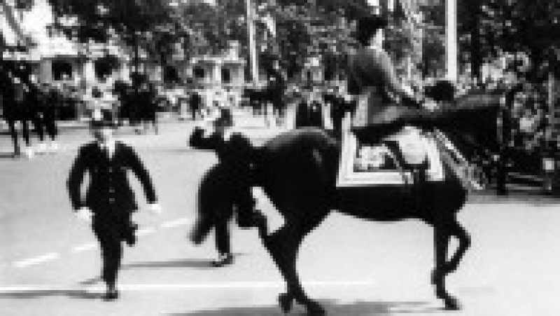 Regina își calmează calul în timpul unui incident în care s-au auzit împușcături, în 1981 Foto: Profimedia Images | Poza 19 din 41