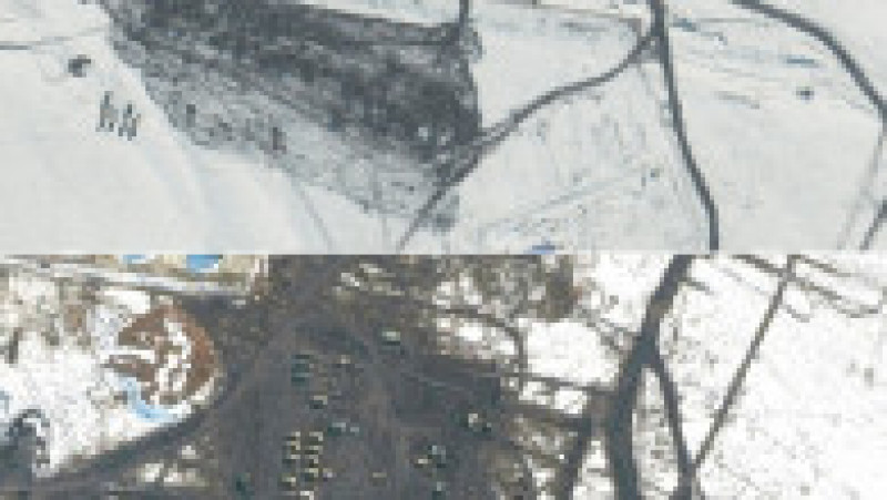 Cele două imagini din satelit furnizate de Maxar arată trupe și grupuri de luptă desfășurate în Soloti, Rusia pe 13 februarie 2022 (imaginea de sus) 2022 (top) și situația de pe 20 februarie 2022, după plecarea unor dintre acestea. Foto: Profimedia Images | Poza 7 din 7