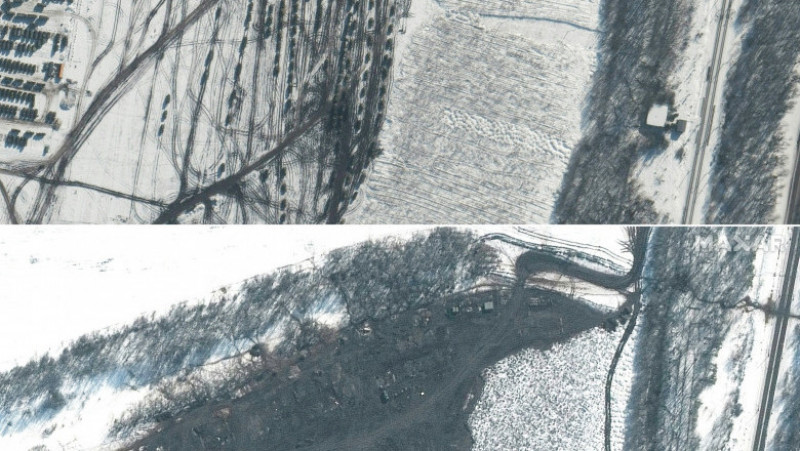 Cele două imagini din satelit furnizate de Maxar arată trupe și grupuri de luptă desfășurate în Soloti, Rusia pe 13 februarie 2022 (imaginea de sus) 2022 (top) și situația de pe 20 februarie 2022, după plecarea unor dintre acestea. Foto: Profimedia Images 