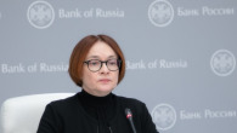 Elvira Nabiullina a apărut în negru la o conferință de presă după ce Occidentul a anunțat sancțiunile impuse Rusiei Foto: Profimedia Images | Poza 3 din 12