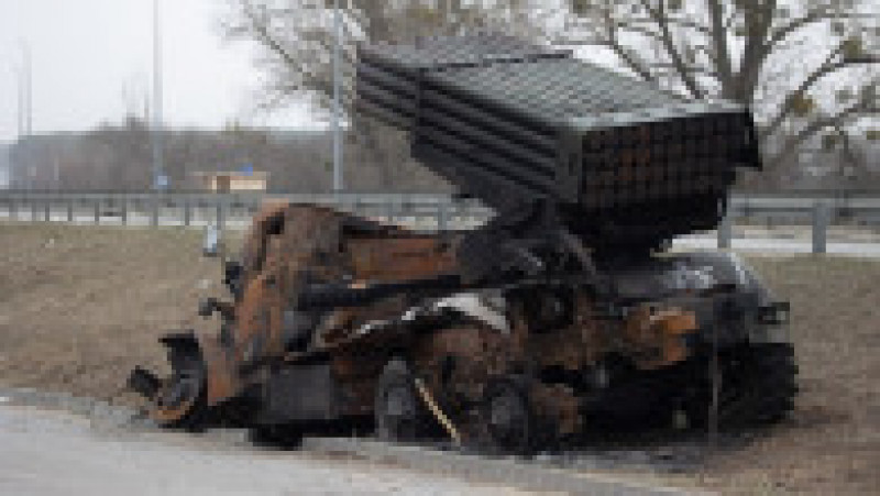 BM-21 Grad rocket launcher truck destroyed by Ukrainian Army as Volunteers of the Civilian defense show former Russian Positions in Sytnyaky near Makariv in the Kiev Oblast, on March 26, 2022 during the Russian Invasion of Ukraine.,Image: 673386265, License: Rights-managed, Restrictions: , Model Release: no, Credit line: Profimedia | Poza 5 din 8