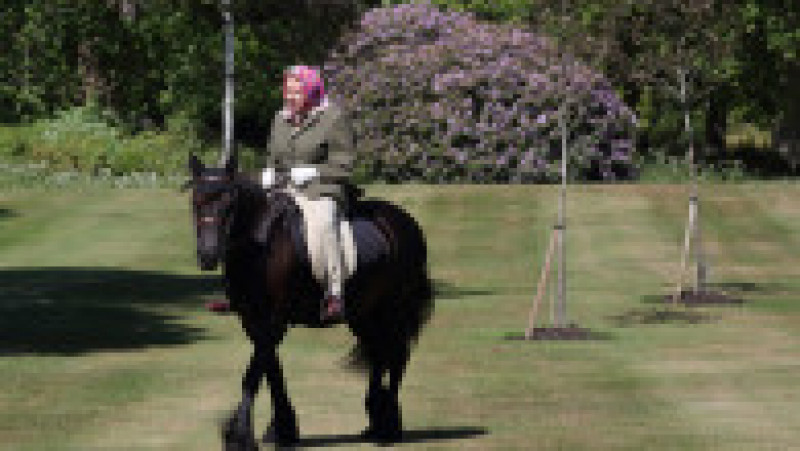 Regina Elisabeta a II-a călărește pe Balmoral Fern, un cal din rasa Ponei Fell, în vârstă de 14 ani, în parcul Castelului Windsor, unde regina s-a izolat pe perioada pandemiei Foto: Profimedia | Poza 32 din 41