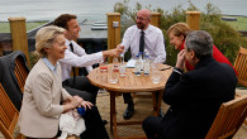 Liderii UE din G7 - Ursula von der Leyen, Emmanuel Macron, Charles Michel, Angela Merkel, Mario Draghi. Foto: Profimedia Images | Poza 3 din 6