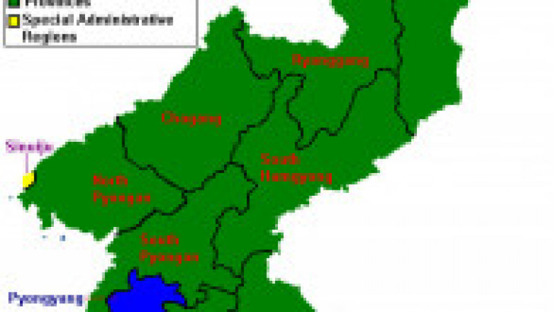 Împărțirea administrativă a Coreei de Nord. În nord-est, cu roșu, zona specială Rason Foto: wikipedia.org | Poza 2 din 15