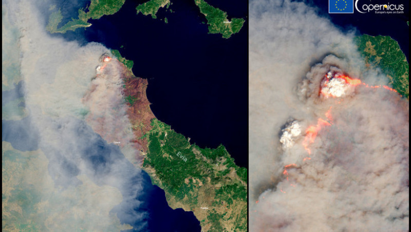 Fumul provocat de incendii se vede din spațiu, de la altitudinea de 800 km. Foto: European Union, Copernicus Sentinel-2 imagery