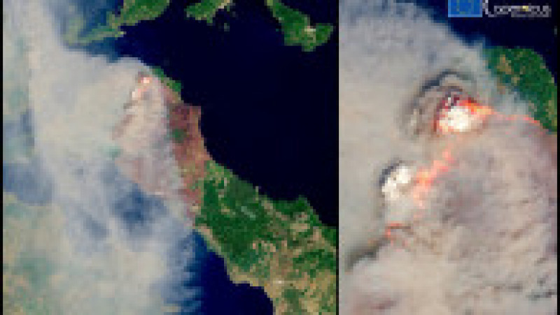 Fumul provocat de incendii se vede din spațiu, de la altitudinea de 800 km. Foto: European Union, Copernicus Sentinel-2 imagery | Poza 1 din 4