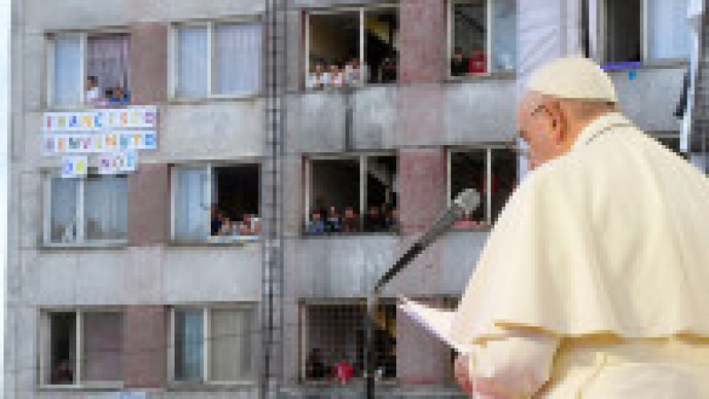 Papa Francisc ține o cuvântare în mijlocul comunității rome din Kosice, Slovacia. Foto: Profimedia | Poza 7 din 8