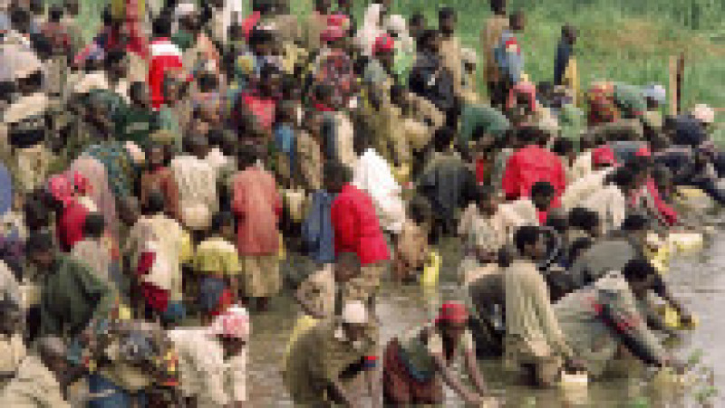 Refugiații rwandezi iau apă dintr-un lac poluat aflat lângă într-o tabără din Tanzania. 5 mai 1994. Sursa foto: Profimedia Images | Poza 9 din 31