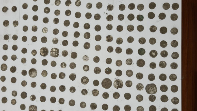 Aproape 650 de monede din argint au fost găsite de doi tineri pe un câmp. Foto: Facebook