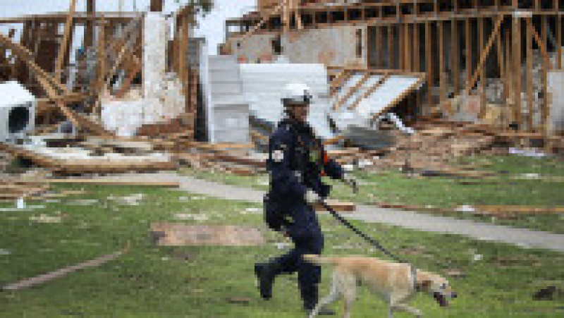 ROCKPORT, TX - AUGUST 27: Robert Grant and Rocky from the Texas Task Force 2 search and rescue team work through a destroyed apartment complex trying to find anyone that still may be in the apartment complex after Hurricane Harvey passed through on August 27, 2017 in Rockport, Texas. Harvey made landfall shortly after 11 p.m. Friday, just north of Port Aransas as a Category 4 storm and is being reported as the strongest hurricane to hit the United States since Wilma in 2005. Forecasts call for as much as 30 inches of rain to fall in the next few days. (Photo by Joe Raedle/Getty Images) | Poza 11 din 15