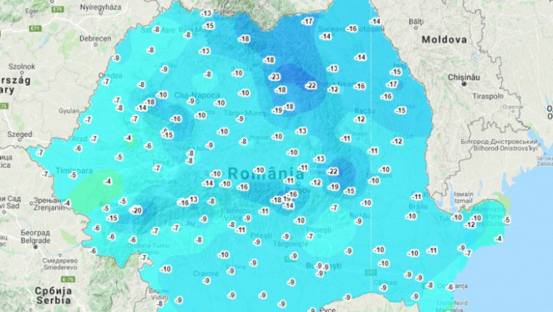 Harta temperaturilor reale (sursa: meteoromania.ro)