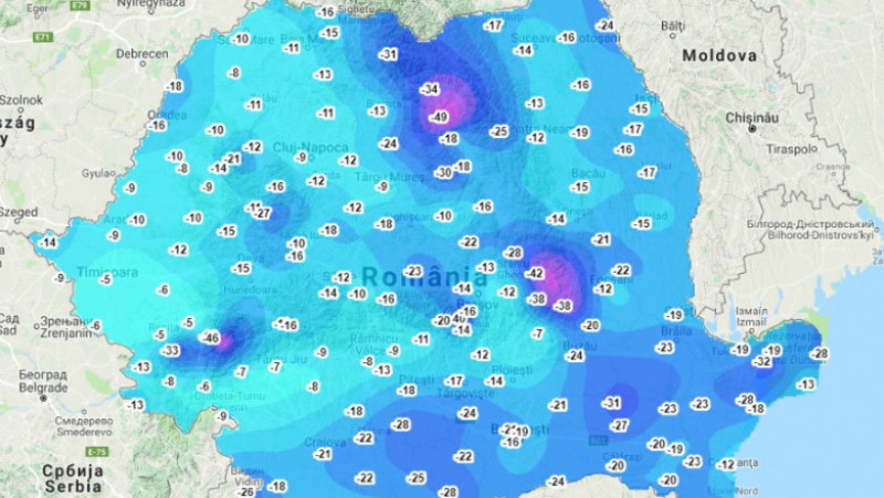 Harta temperaturii resimțite (indice de răcire) sursa: meteoromania.ro