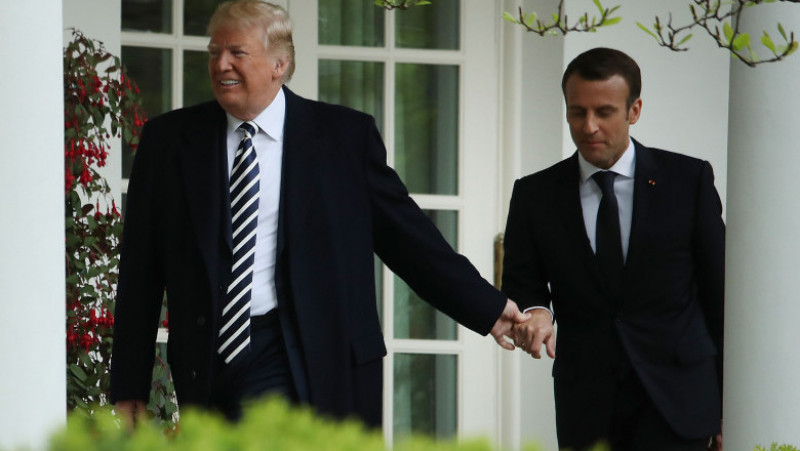 WASHINGTON, DC - APRIL 24: U.S President Donald Trump and French President Emmanuel Macron walk to the Oval Office after an arrival ceremony at the White House April 24, 2018 in Washington, DC. Trump is hosting Macron for a two-day official visit that included dinner at George Washington's Mount Vernon, a tree planting on the White House South Lawn and a joint news conference. (Photo by Mark Wilson/Getty Images)
