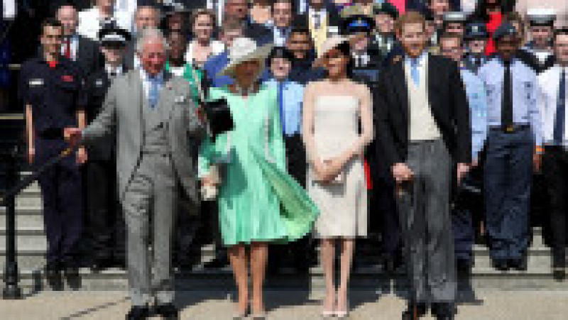 LONDON, ENGLAND - MAY 22: (L-R) Prince Harry, Duke of Sussex, Prince Charles, Prince of Wales, Camilla, Duchess of Cornwall, Meghan, Duchess of Sussex and guests pose for a photograph as they attend The Prince of Wales
