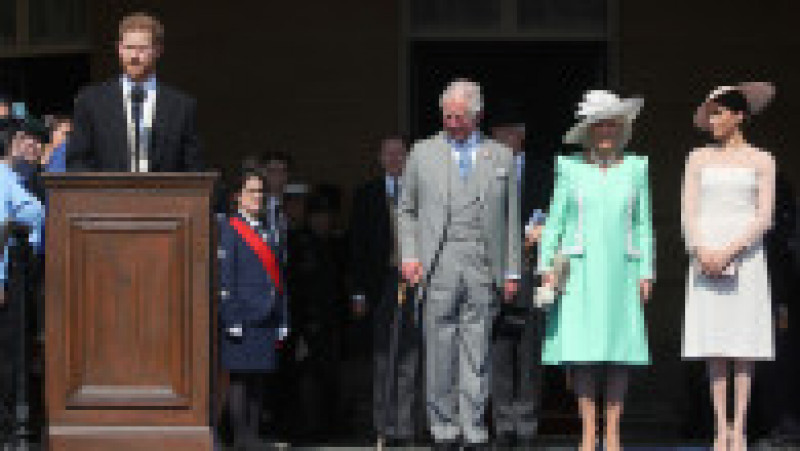 LONDON, ENGLAND - MAY 22: (L-R) Prince Harry, Duke of Sussex gives a speech next to Prince Charles, Prince of Wales, Camilla, Duchess of Cornwall and Meghan, Duchess of Sussex as they attend The Prince of Wales