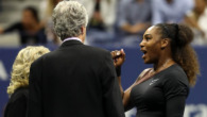 NEW YORK, NY - SEPTEMBER 08: Serena Williams of the United States argues with referee Brian Earley during her Women