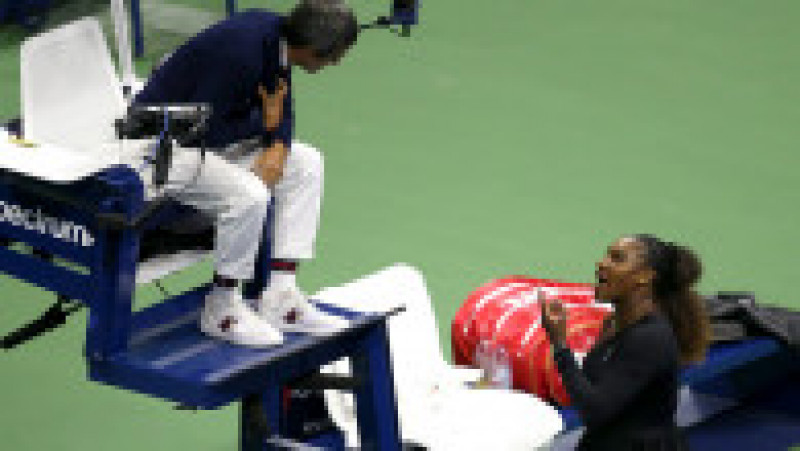 NEW YORK, NY - SEPTEMBER 08: Serena Williams of the United States argues with umpire Carlos Ramos during her Women
