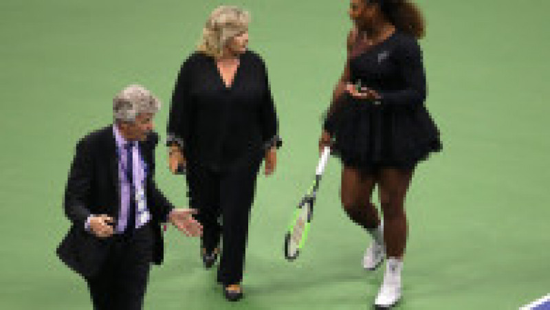 NEW YORK, NY - SEPTEMBER 08: Serena Williams of the United States argues with grand slam supervisor Donna Kelso and referee Brian Earley during her Women