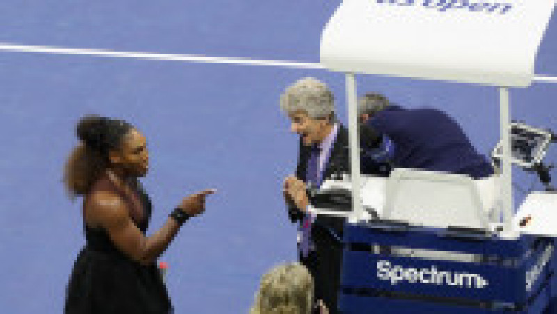 NEW YORK, NY - SEPTEMBER 08: Serena Williams of the United States argues with referee Brian Earley during her Women