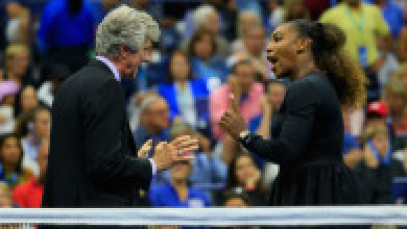 NEW YORK, NY - SEPTEMBER 08: Serena Williams (R) of the United States argues with referee Brian Earley (L) during her Women