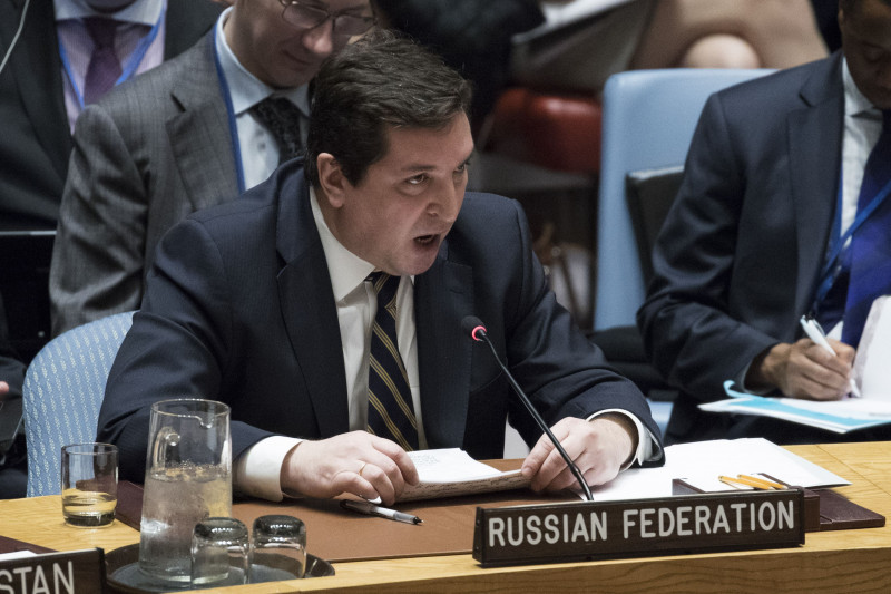 NEW YORK, NY - APRIL 5: Russian Deputy Permanent Representative to the United Nations Vladimir Safronkov speaks during a meeting of the United Nations Security Council at U.N. headquarters, April 5, 2017 in New York City. The Security Council is holding emergency talks on Wednesday following the worst use of chemical weapons in Syria since the Ghouta attack in 2013. Drew Angerer/Getty Images/AFP == FOR NEWSPAPERS, INTERNET, TELCOS & TELEVISION USE ONLY ==