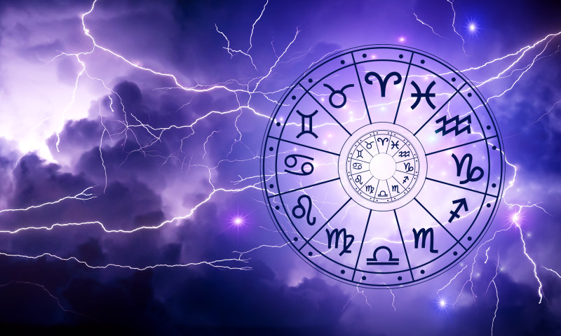 Zodiac signs inside of horoscope circle. Astrology in the sky with many stars and moons astrology and horoscopes concept