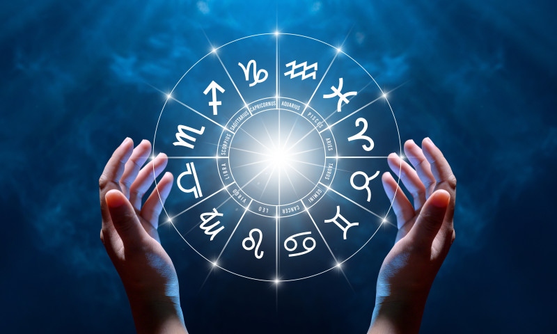 Zodiac signs inside of horoscope circle. Astrology in the sky with many stars and moons astrology and horoscopes concept