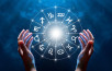 Zodiac signs inside of horoscope circle. Astrology in the sky with many stars and moons astrology and horoscopes concept