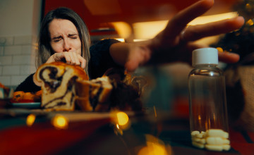 Woman Overeating on Christmas reaching for Stomachache Pills
