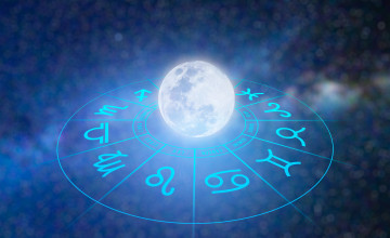 Zodiac signs inside of horoscope circle. Astrology in the sky with many stars and moons astrology and horoscopes concept