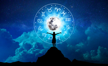 Zodiac signs inside of horoscope circle. Astrology in the sky with many stars and moons astrology and horoscopes concept