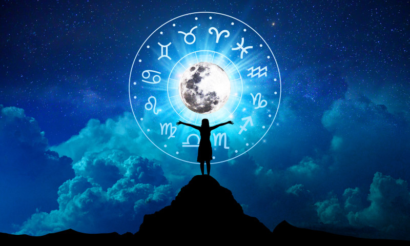 Zodiac signs inside of horoscope circle. Astrology in the sky with many stars and moons astrology and horoscopes concept