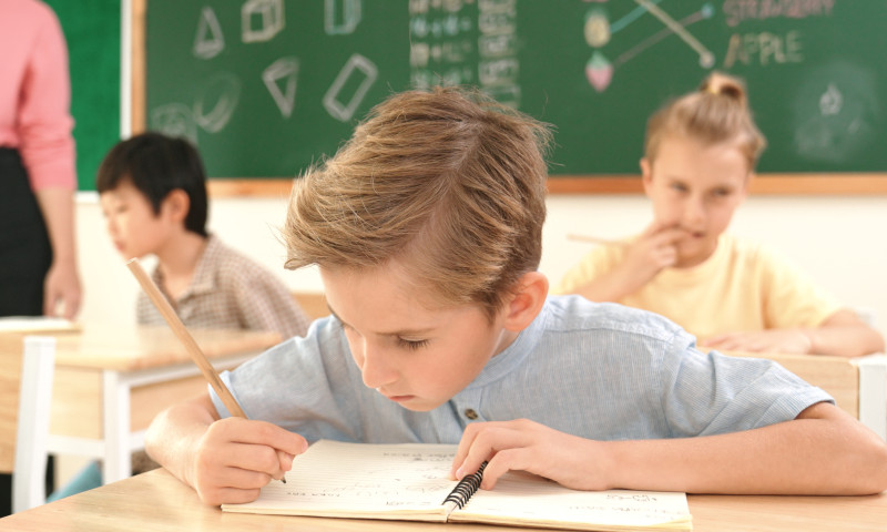Happy caucasian boy looking at camera while studying math at school. Pedagogy.