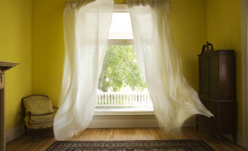 Room with curtains billowing at open window