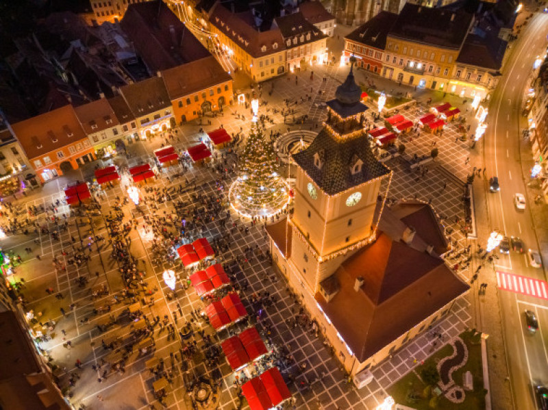 High angle view of Brasov city Center with Christmas Decorations, Romania